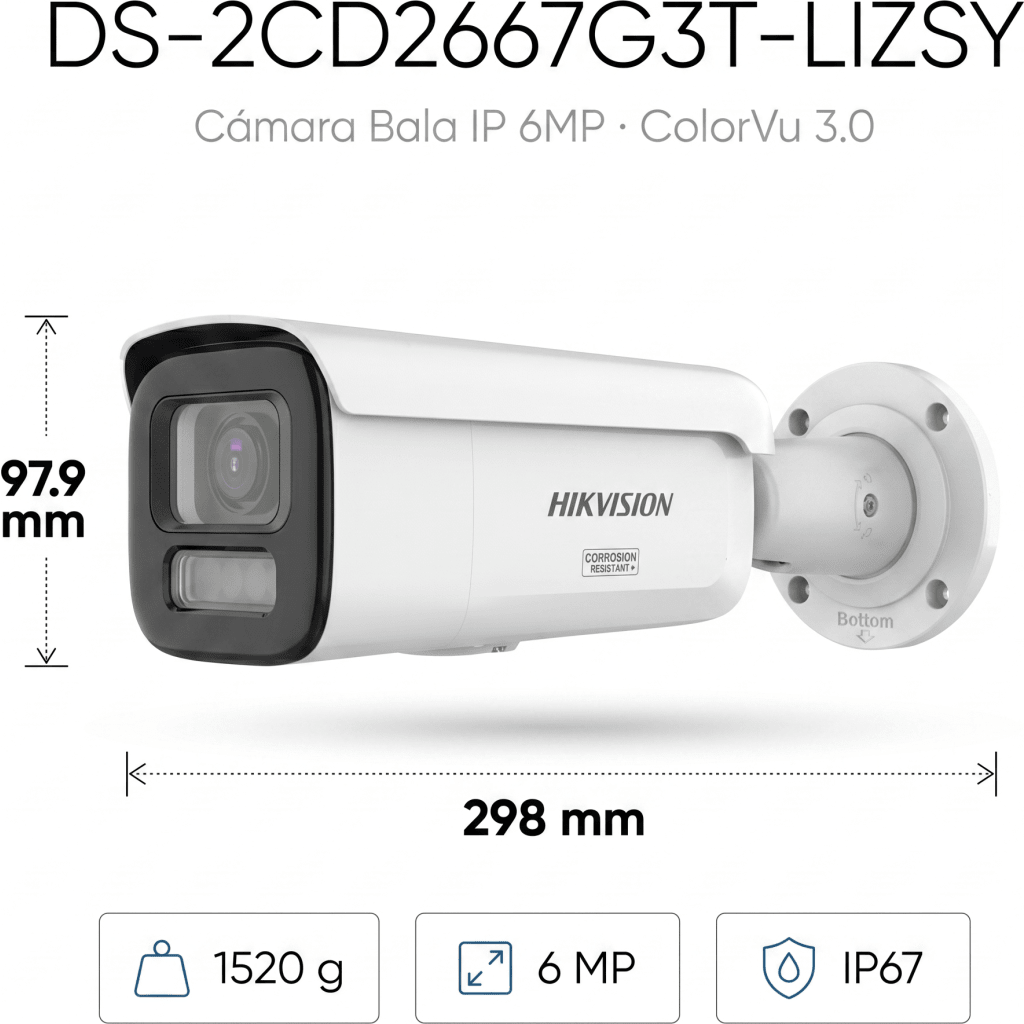 [Dual Light + ColorVu 3.0 + HikAI] Bala IP 6 Megapixel / Lente Mot. 2.8 a 12 mm / 60 mts IR + Luz Blanca / Exterior IP67 / WDR 130 dB / ACUSENSE 3.0 / Metal / NEMA 4X / ACUSEEK