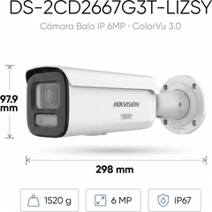 [Dual Light + ColorVu 3.0 + HikAI] Bala IP 6 Megapixel / Lente Mot. 2.8 a 12 mm / 60 mts IR + Luz Blanca / Exterior IP67 / WDR 130 dB / ACUSENSE 3.0 / Metal / NEMA 4X / ACUSEEK