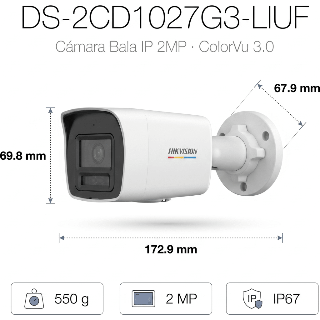 [ColorVu 3.0 + MD 3.0] Bala IP 2 Megapixel / Lente 2.8 mm / 30 mts IR + 30 mts Luz Blanca / Micrófono Integrado / Detección de Movimiento 3.0 / Exterior IP67 / WDR 120 dB / PoE / Micro SD