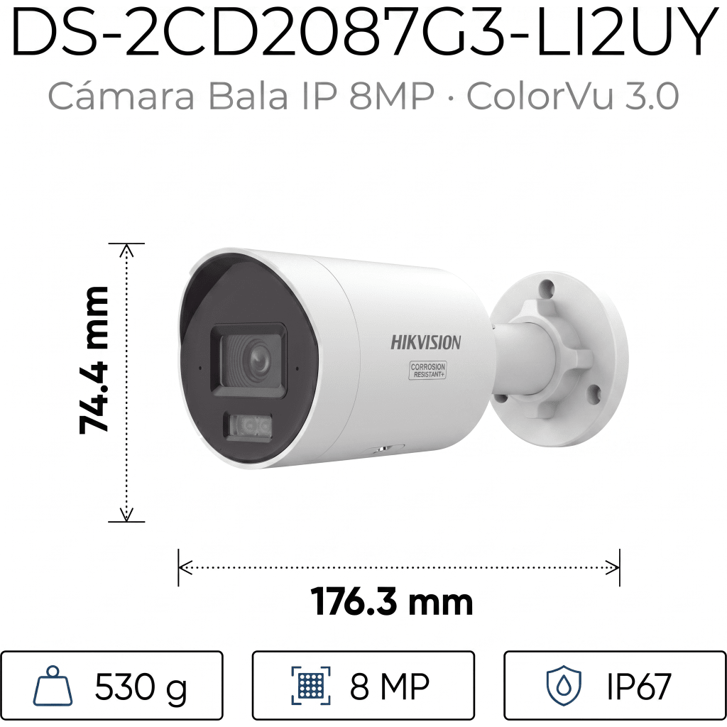 [Dual Light + ColorVu 3.0 + HikAI] Bala IP 8 Megapixel / Lente 2.8 mm / 40 mts IR + Luz Blanca / 2 Microfonos Integrados / Exterior IP67 / WDR 130 dB / ACUSENSE 3.0 / Metal / NEMA 4X / ACUSEEK