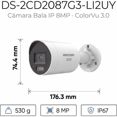 [Dual Light + ColorVu 3.0 + HikAI] Bala IP 8 Megapixel / Lente 2.8 mm / 40 mts IR + Luz Blanca / 2 Microfonos Integrados / Exterior IP67 / WDR 130 dB / ACUSENSE 3.0 / Metal / NEMA 4X / ACUSEEK