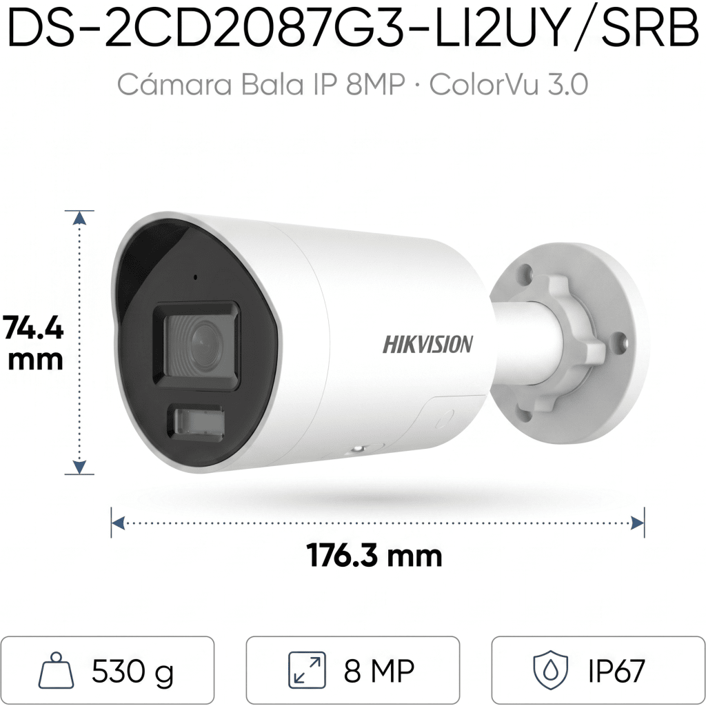 [Dual Light + ColorVu 3.0 + HikAI] Bala IP 8 Megapixel / Lente 2.8 mm / 40 mts IR + Luz Blanca / 2 Microfonos Integrados / Exterior IP67 / Estrobo Azul y Rojo / WDR 130 dB / ACUSENSE 3.0 / Metal / NEMA 4X / ACUSEEK