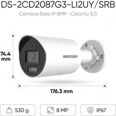 [Dual Light + ColorVu 3.0 + HikAI] Bala IP 8 Megapixel / Lente 2.8 mm / 40 mts IR + Luz Blanca / 2 Microfonos Integrados / Exterior IP67 / Estrobo Azul y Rojo / WDR 130 dB / ACUSENSE 3.0 / Metal / NEMA 4X / ACUSEEK