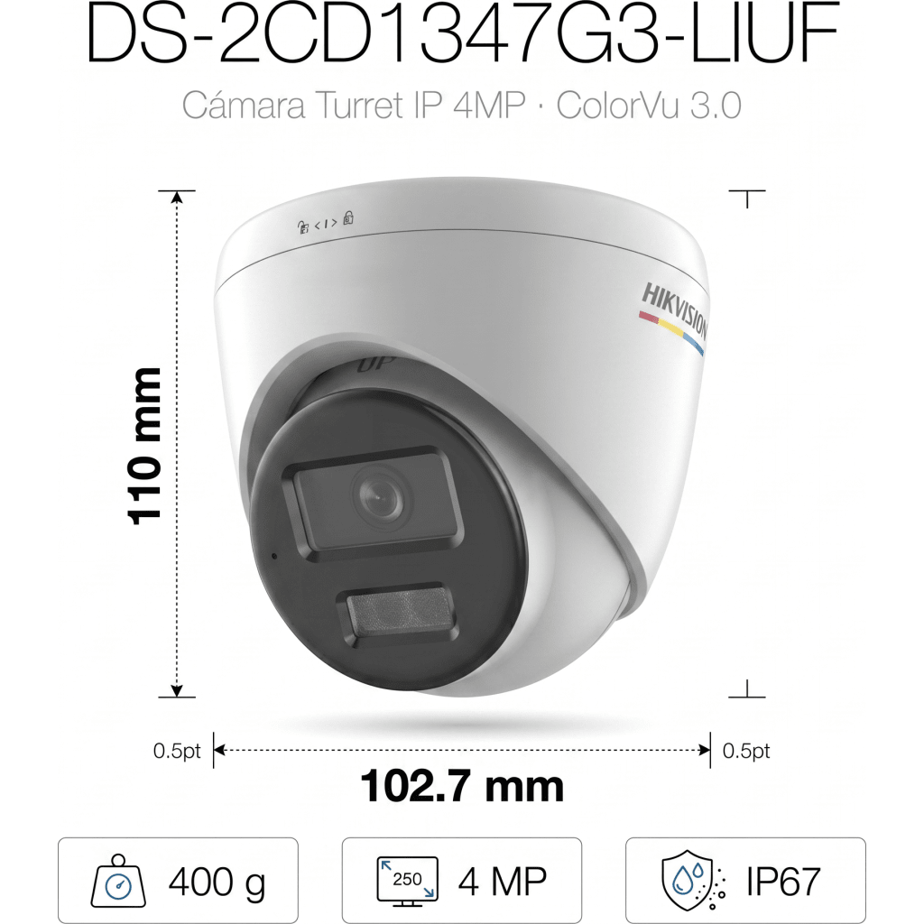 [ColorVu 3.0 + MD 3.0] Turret IP 4 Megapixel / Lente 2.8 mm / 30 mts IR + 30 mts Luz Blanca / Micrófono Integrado / Motion Detection 3.0 / Exterior IP67 / WDR 120 dB / PoE / Micro SD