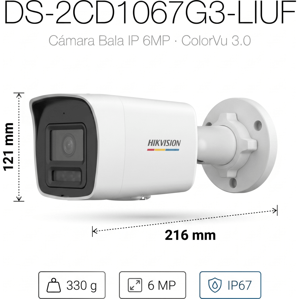 [ColorVu 3.0 + MD 3.0] Bala IP 6 Megapixel / Lente 2.8 mm / 30 mts IR + 30 mts Luz Blanca / Micrófono Integrado / Motion Detection 3.0 / Exterior IP67 / WDR 120 dB / PoE / Micro SD