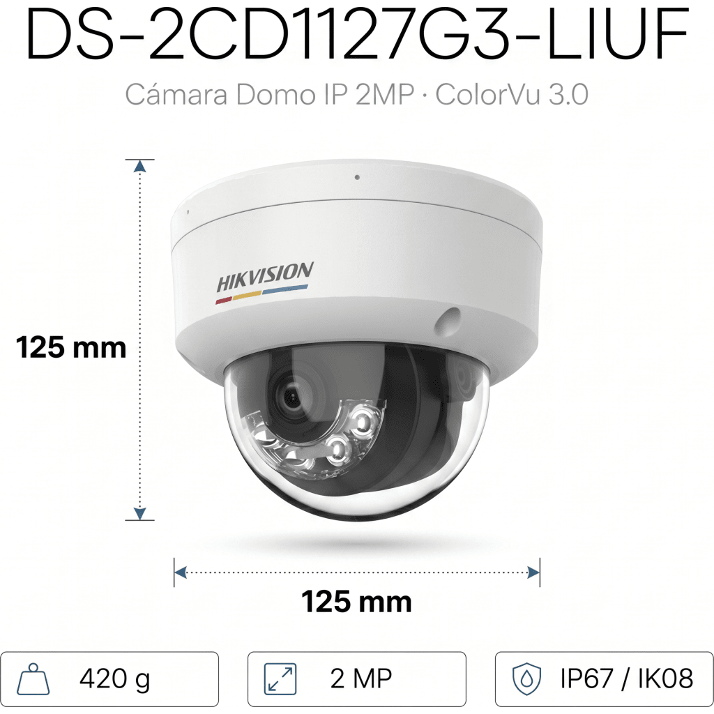 [ColorVu 3.0 + MD 3.0] Domo IP 2 Megapixel / Lente 2.8 mm / 30 mts IR + 30 mts Luz Blanca / Micrófono Integrado / Motion Detection 3.0 / Exterior IP67 / IK08 / dWDR / PoE / Micro SD