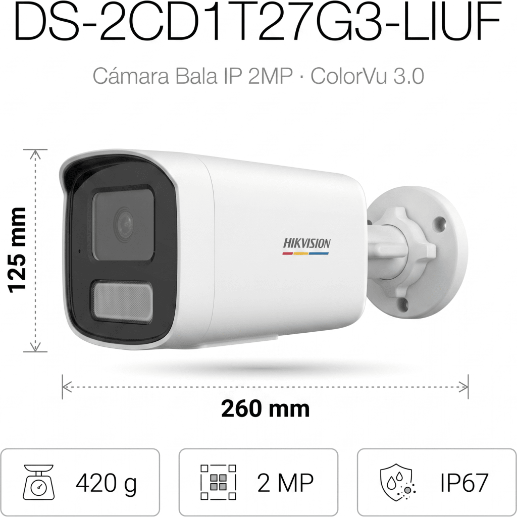 [ColorVu 3.0 + MD 3.0] Bala IP 2 Megapixel / Lente 4 mm / 50 mts IR + 50 mts Luz Blanca / Micrófono Integrado / Motion Detection 3.0 / Exterior IP67 / dWDR / PoE / Micro SD