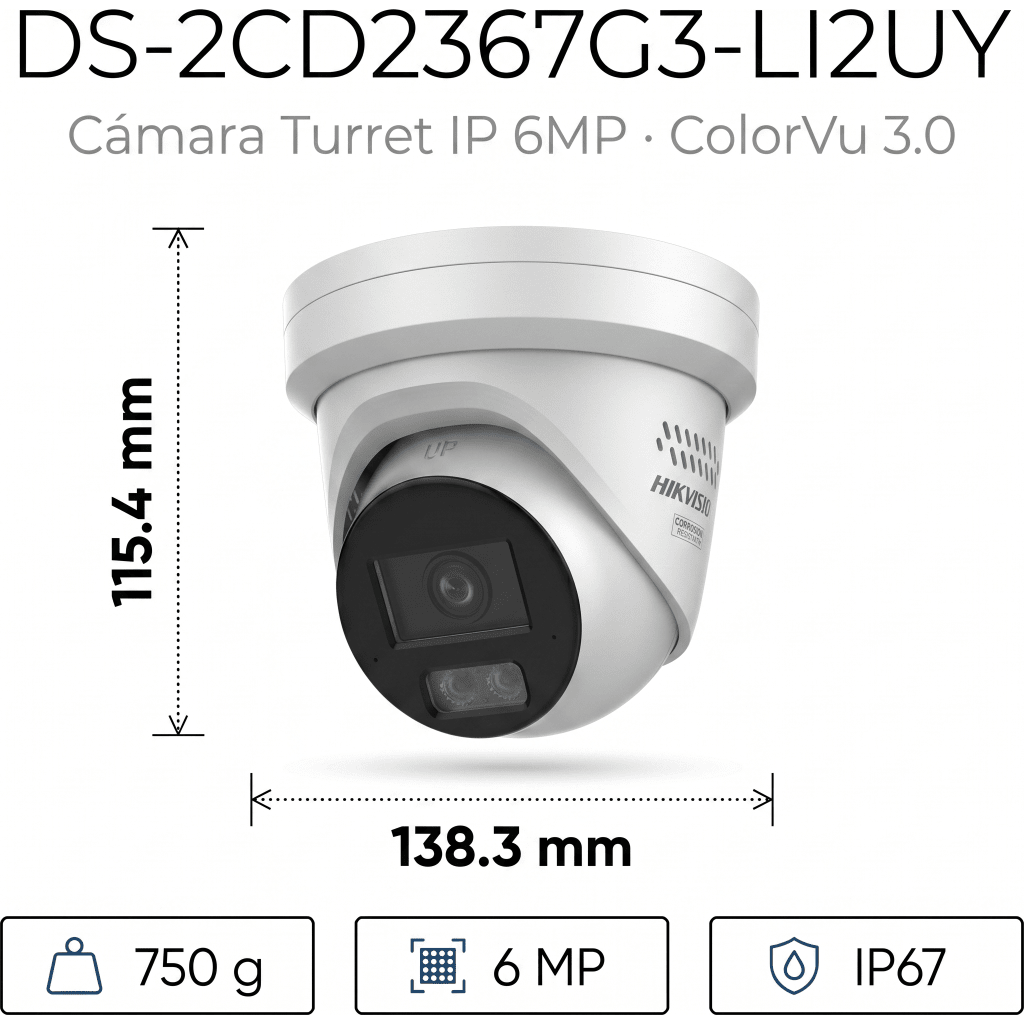 [Dual Light + ColorVu 3.0 + HikAI] Turret IP 6 Megapixel / Lente 2.8 mm / 30 mts IR + Luz Blanca / 2 Microfonos Integrados / Exterior IP67 / WDR 130 dB / ACUSENSE 3.0 / Metal / NEMA 4X / ACUSEEK