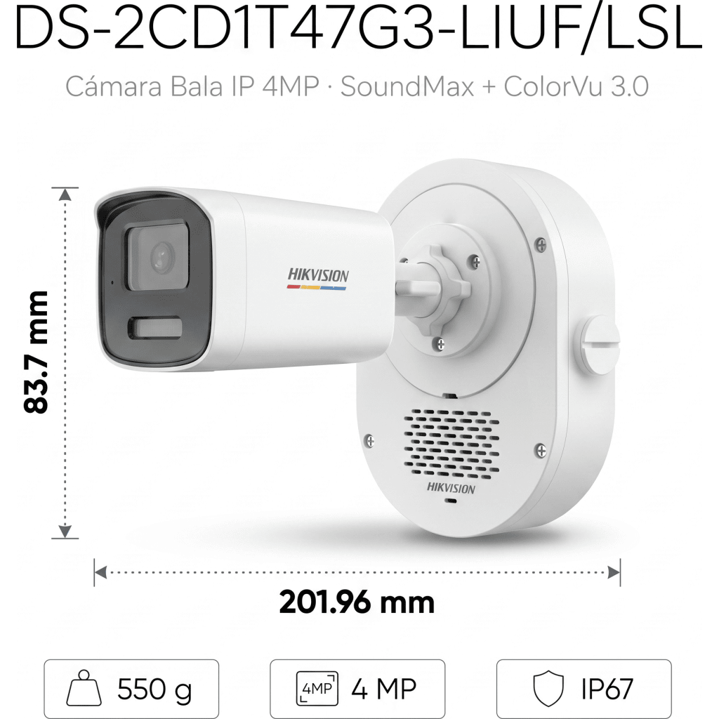 [SoundMax + ColorVu 3.0 + MD 3.0] Bala IP 4 Megapixel / Lente 4 mm / 50 mts IR + 50 mts Luz Blanca / Micrófono Integrado / ACUSENSE Lite / Exterior IP67 / WDR 120 dB / PoE / Micro SD