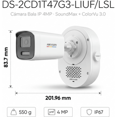 [SoundMax + ColorVu 3.0 + MD 3.0] Bala IP 4 Megapixel / Lente 4 mm / 50 mts IR + 50 mts Luz Blanca / Micrófono Integrado / ACUSENSE Lite / Exterior IP67 / WDR 120 dB / PoE / Micro SD