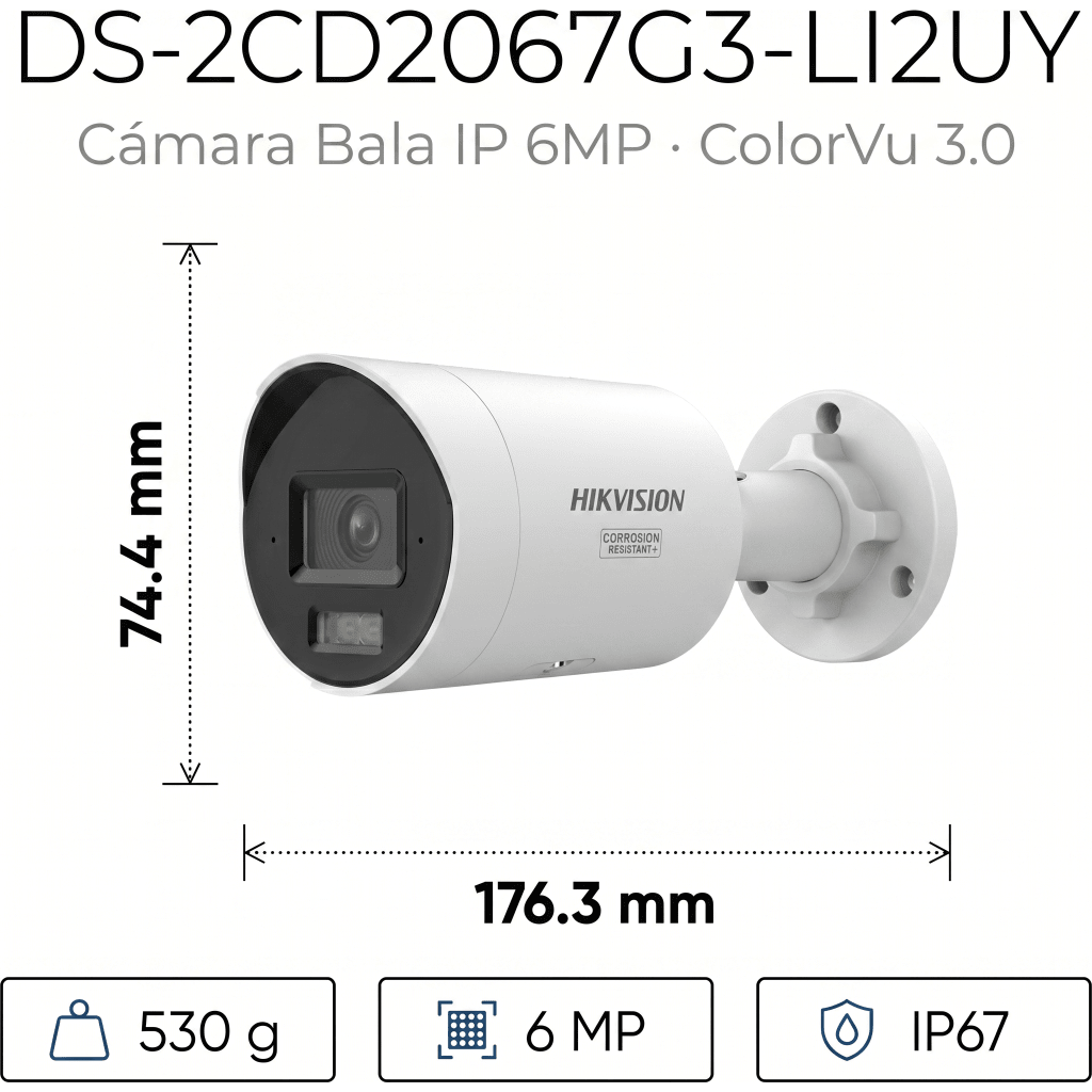 [Dual Light + ColorVu 3.0 + HikAI] Bala IP 6 Megapixel / Lente 2.8 mm / 40 mts IR + Luz Blanca / 2 Microfonos Integrados / Exterior IP67 / WDR 130 dB / ACUSENSE 3.0 / Metal / NEMA 4X / ACUSEEK