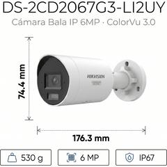 [Dual Light + ColorVu 3.0 + HikAI] Bala IP 6 Megapixel / Lente 2.8 mm / 40 mts IR + Luz Blanca / 2 Microfonos Integrados / Exterior IP67 / WDR 130 dB / ACUSENSE 3.0 / Metal / NEMA 4X / ACUSEEK