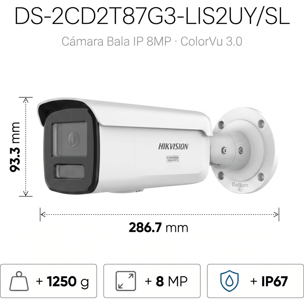 [Dual Light + ColorVu 3.0 + HikAI] Bala IP 8 Megapixel / Lente 4 mm / 60 mts IR + Luz Blanca / Exterior IP67 / Estrobo Luz Blanca / WDR 130 dB / ACUSENSE 3.0 / Metal / NEMA 4X / ACUSEEK