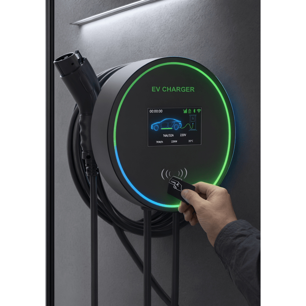 Estación de Carga para Vehículos Eléctricos / 48 A / 11.5 kW / Conector Tipo 1 (SAE J1772) / 220-250 V Monofásico / Pantalla LCD 4.3 in (10.9 cm) / Cable TPU 5 m (16.4 ft) / Plug and Play / APP Móvil / RFID / Carcasa Alu