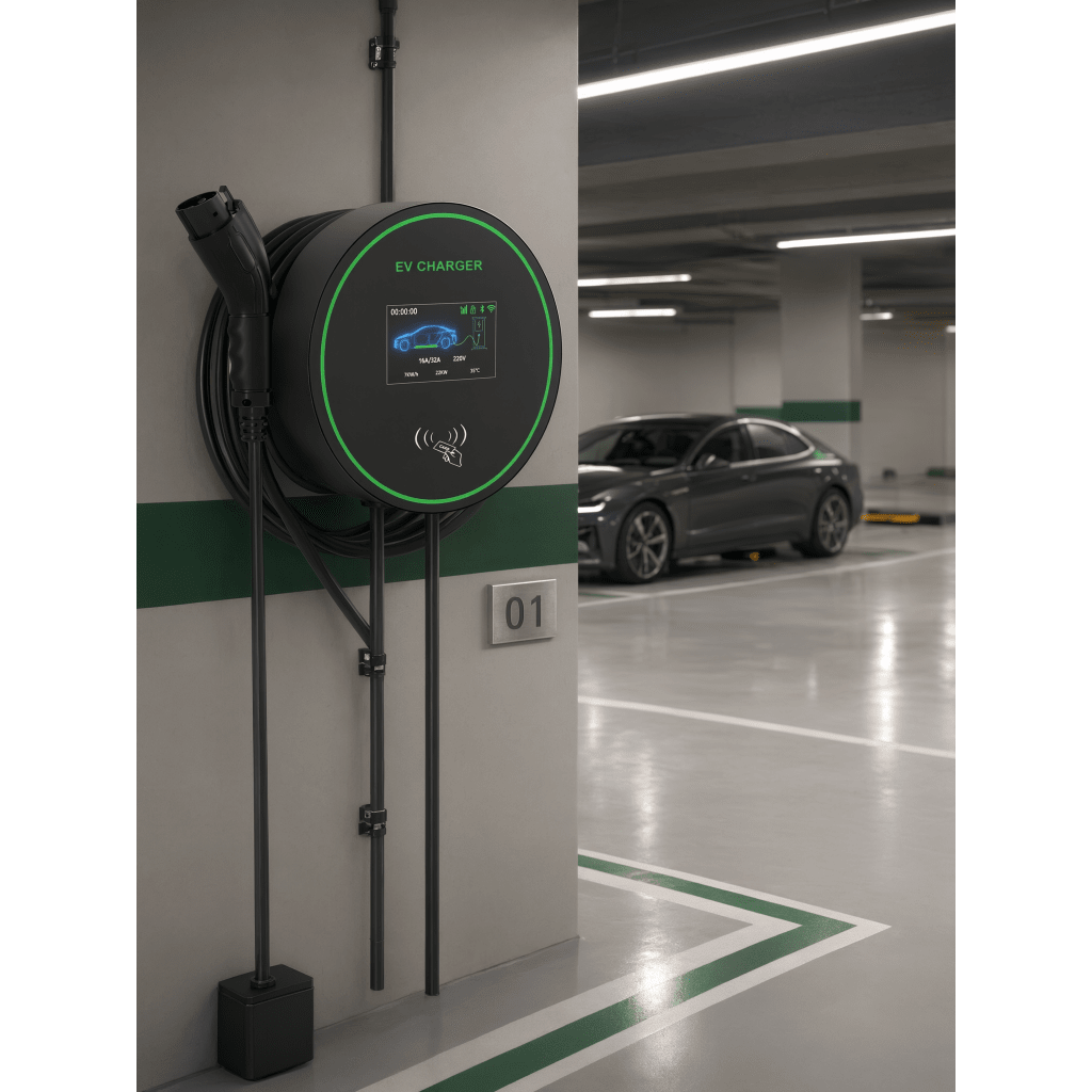 Estación de Carga para Vehículos Eléctricos / 48 A / 11.5 kW / Conector Tipo 1 (SAE J1772) / 220-250 V Monofásico / Pantalla LCD 4.3 in (10.9 cm) / Cable TPU 5 m (16.4 ft) / Plug and Play / APP Móvil / RFID / Carcasa Alu
