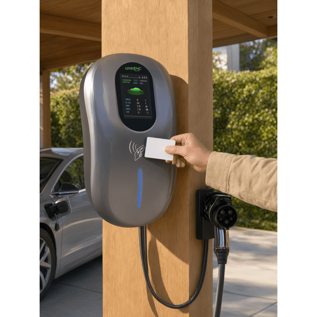Estación de Carga para Vehículos Eléctricos / 40 A / 9.6 kW / Conector Tipo 1 (SAE J1772) / 110-240 V AC / Pantalla LCD 4.3 in (10.9 cm) / WiFi / APP / RFID / IP65 / Cable TPE 5 m (16.4 ft)