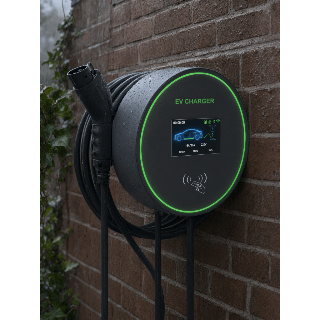 Estación de Carga para Vehículos Eléctricos / 48 A / 11.5 kW / Conector Tipo 1 (SAE J1772) / 220-250 V Monofásico / Pantalla LCD 4.3 in (10.9 cm) / Cable TPU 5 m (16.4 ft) / Plug and Play / APP Móvil / RFID / Carcasa Alu
