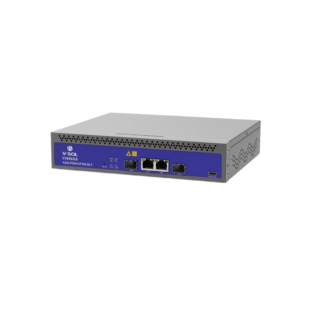 OLT de 1 puerto Combo GPON/XG(S)PON con 3 puertos Uplink (2 puertos Gigabit Ethernet + 1 puerto SFP/SFP+), hasta 128 ONU/ONT