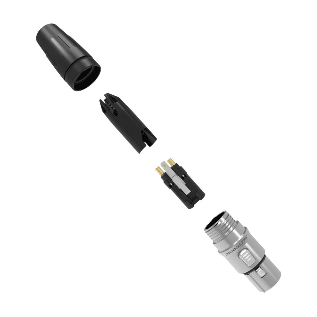 Conector hembra XLR de 3 núcleos con carcasa de acero inoxidable y contactos chapados en oro