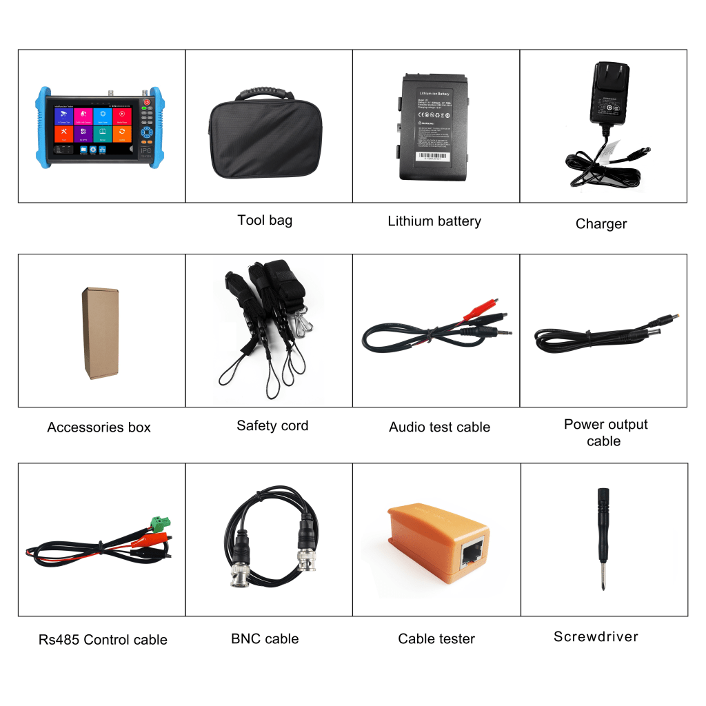 Tester de Video Profesional | Pantalla 7"|  Prueba IP/HD/Analógicas | TVI/CVI/AHD/CVBS | IP ONVIF | 4K/8K | H.264/H.265 | HDMI | PTZ | Scanner IP | TDR | Salidas 12V/24V/PoE | Activación Simultanea.