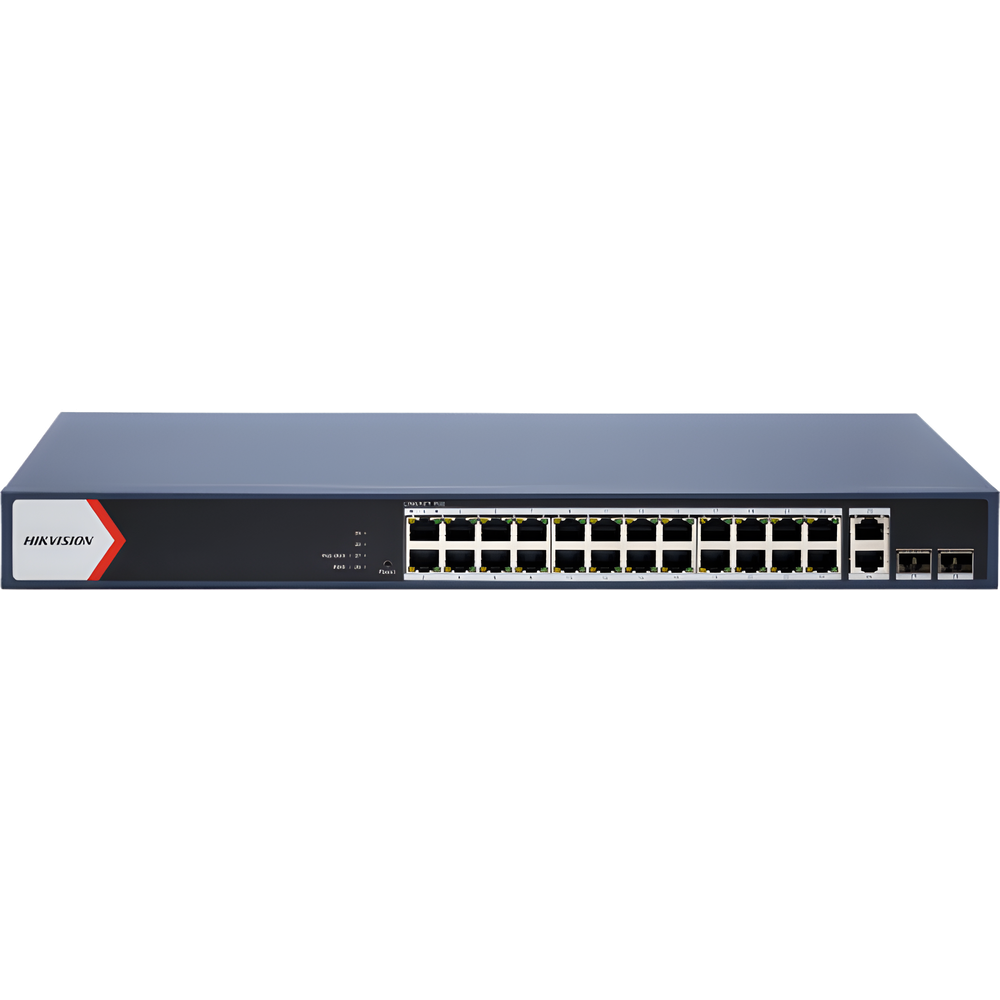 Switch Gigabit PoE+ / Administrable / 24 Puertos 1000 Mbps PoE+ / 2 Puertos 1000 Mbps Uplink  / 2 Puertos SFP Uplink / Configuración Nube Hik-Partner Pro / Modo Extendido hasta 300 Metros / 230 W