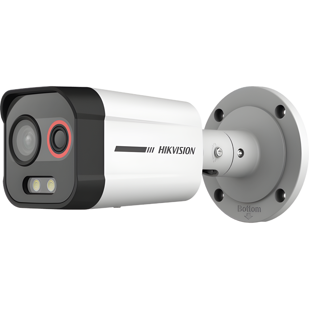 Cámara Bala IP Térmica y Óptica Biespectral / Análisis de Video (VCA) para Protección Perimetral / Clasifica Vehículo/Humano / Térmica 96 x 72 / Óptica 4 MP ColorVu / IP67 / Audio y Alarma Visual