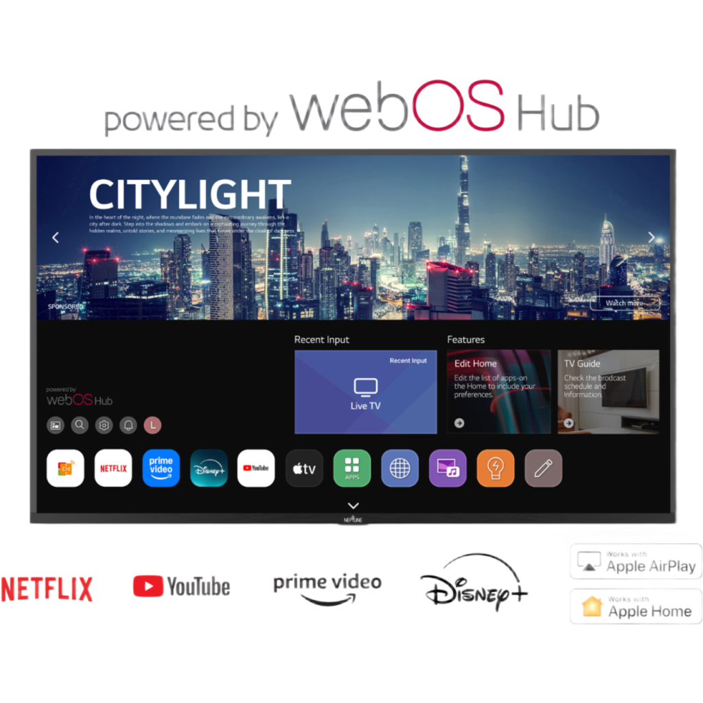 SmartTV para Exteriores Neptune™ 65" 4K UHD / 500 nits Sol Parcial / webOS / IP54 ideal para areas con techado parcial / VESA 300x200 / Incluye Soporte de Pared Inclinado