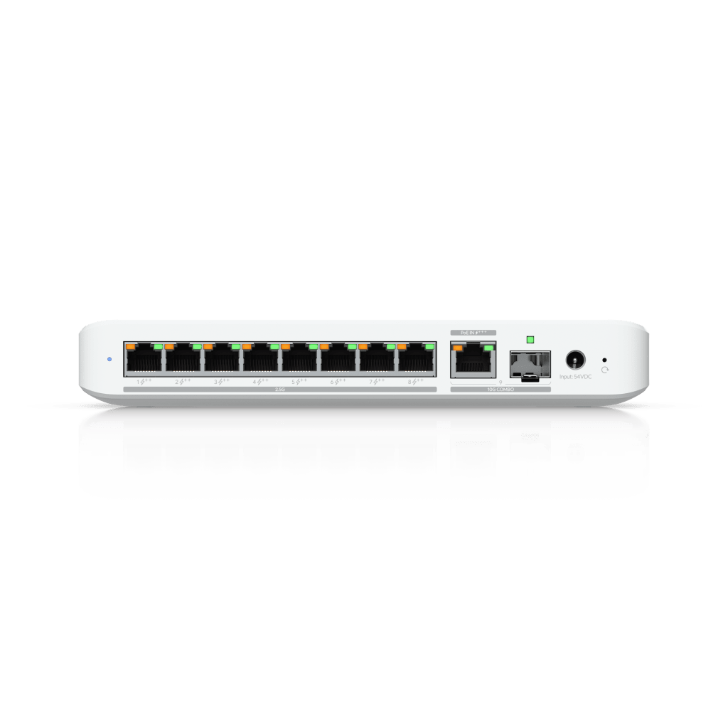 USW Flex 2.5G PoE Switch de 8 Puertos 2.5GbE PoE++, con un Puerto de Enlace Ascendente Combinado RJ45/SFP+ de 10 GbE (No incluye Adaptador ca/cc)