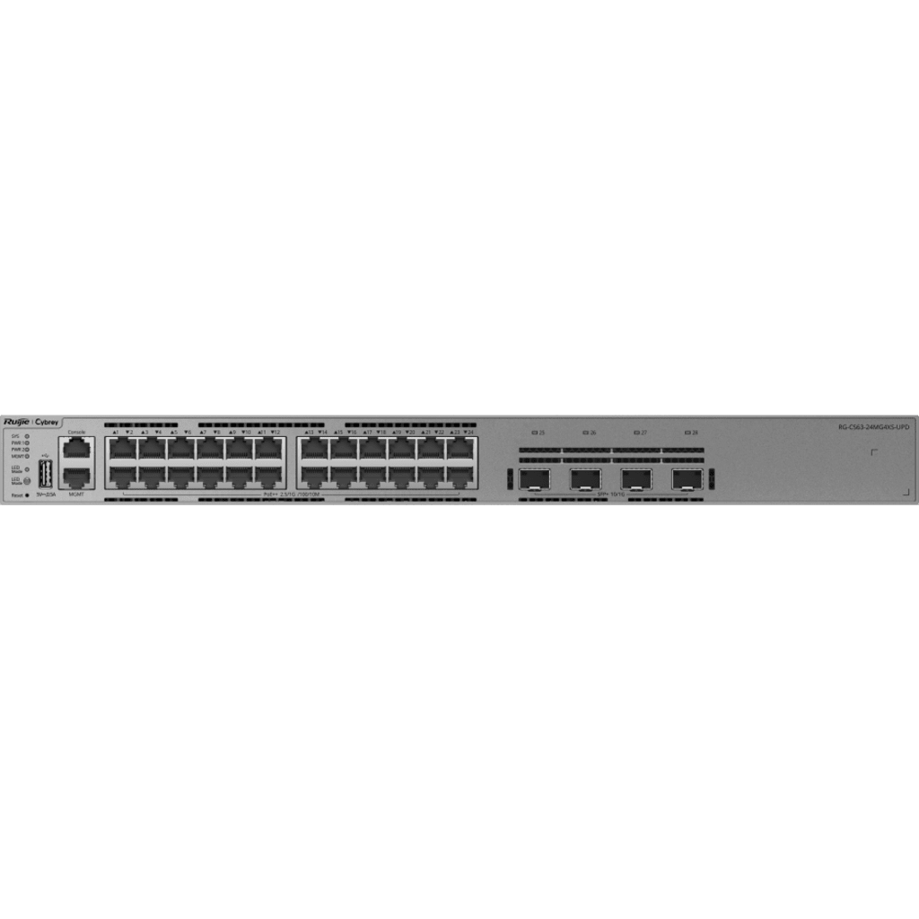 Switch Multi-GE Gestionable / 24 Puertos 2.5G PoE++ / 4 Puertos SFP+ 10G / Capacidad 200 Gbps / Enrutamiento Capa 3 / VSU / Protección Sobretensión 10 kV / Alimentación Redundante / Línea Cybrey