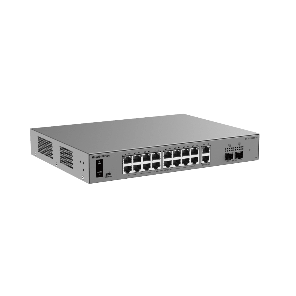 Switch Smart Cloud Managed PoE+ Capa 2 / 20 Puertos Gigabit / 16 Puertos PoE+ 250 W / 2 SFP 1G / Switching 40 Gbps / Forwarding 29.76 Mpps / Protección 6 kV / Gestión Cloud Ruijie / Metal / Rack
