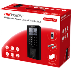 Kit Terminal Control Acceso Biométrico DS-KAS807 / Huella Digital / Códigos QR / 2.4" LCD / 5000 Huellas + 5000 Tarjetas / IP65 / Wi-Fi + PoE / Cerradura Magnética 272 kg / Botón Touchless