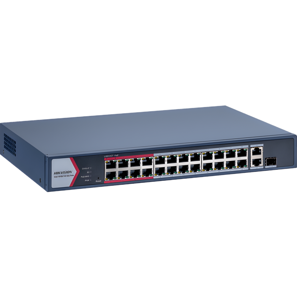 Switch Gigabit PoE+ / Monitoreable / 24 Puertos 1000 Mbps PoE+ / 1 Puerto 1000 Mbps de Uplink / 1 Puerto SFP /  Configuración Nube desde Hik-PartnerPro / Modo Extendido hasta 300 Metros / 230 Watts