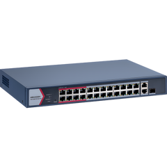 Switch Gigabit PoE+ / Monitoreable / 24 Puertos 1000 Mbps PoE+ / 1 Puerto 1000 Mbps de Uplink / 1 Puerto SFP /  Configuración Nube desde Hik-PartnerPro / Modo Extendido hasta 300 Metros / 230 Watts