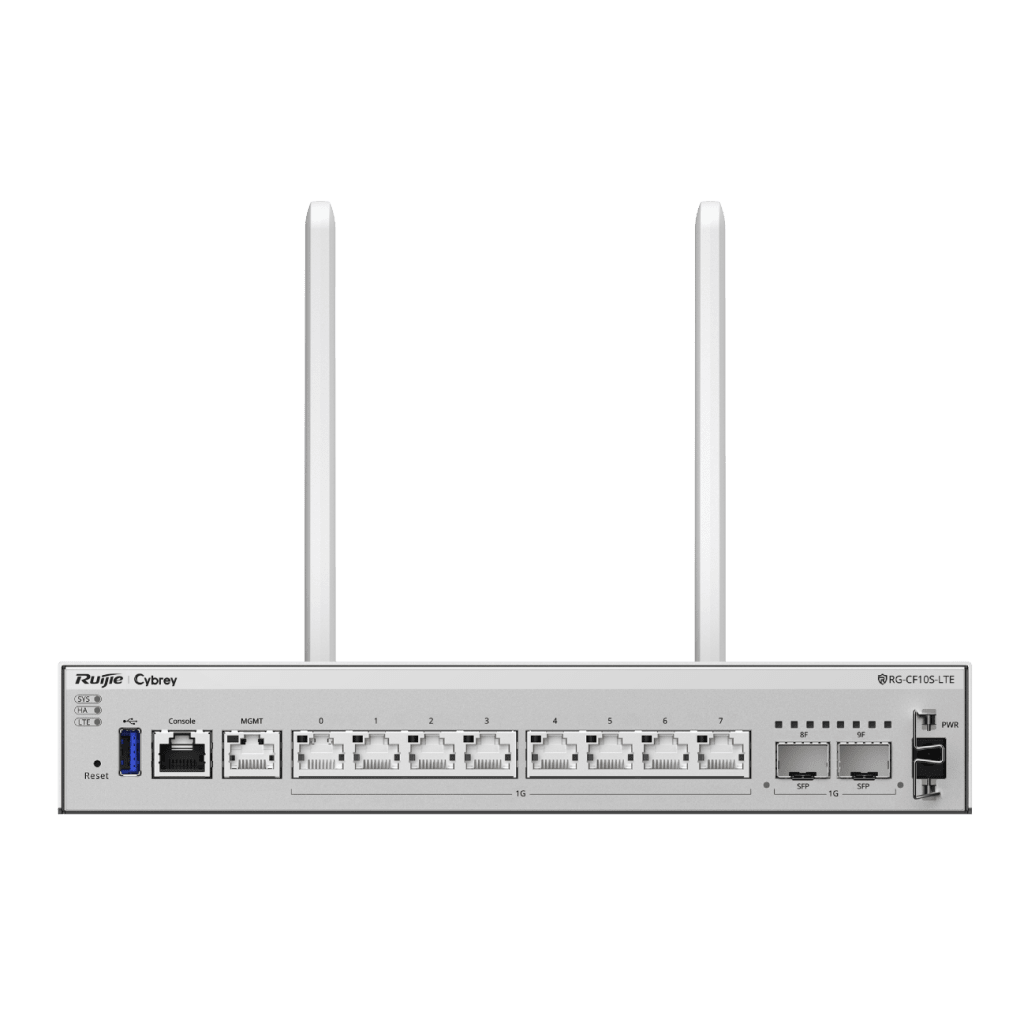 Firewall de Próxima Generación RG-CF10S-LTE / 7 Gbps Throughput / 8 Puertos Gigabit + 2 SFP / LTE Integrado / Gestión Cloud / Protección de Amenazas 500-700 Mbps / IA Integrada / 1 RU Rack / Línea Cybrey
