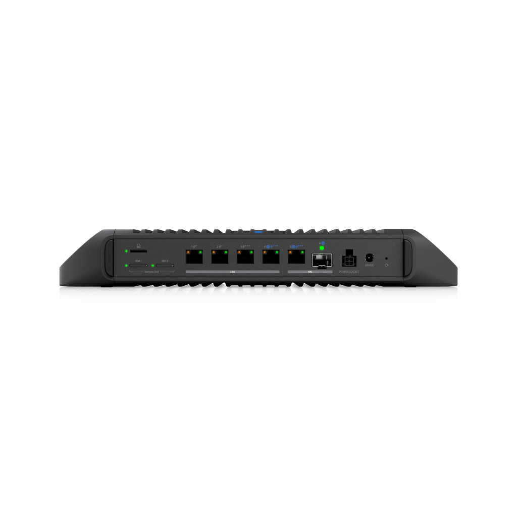 Cloud Gateway Industrial Rugerizado sin Ventilador con Puertos 10 GbE, 350W de Potencia Total para Despliegues PoE de Alta Densidad, Enrutamiento Avanzado y Almacenamiento microSD para Aplicaciones UniFi
