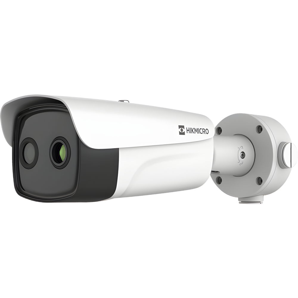 (HIKMICRO) Bala IP Bi-Espectral / Térmica (388 X 288 / 35 mm) + Óptica (4 MP / 12.4 mm) / IA GUANLAN / Rango: -20°C a 150°C / 8°C Tolerancia / Detección de Fuego y Humo / Alarma Visual y Audible / Dual Light / PoE / Antico
