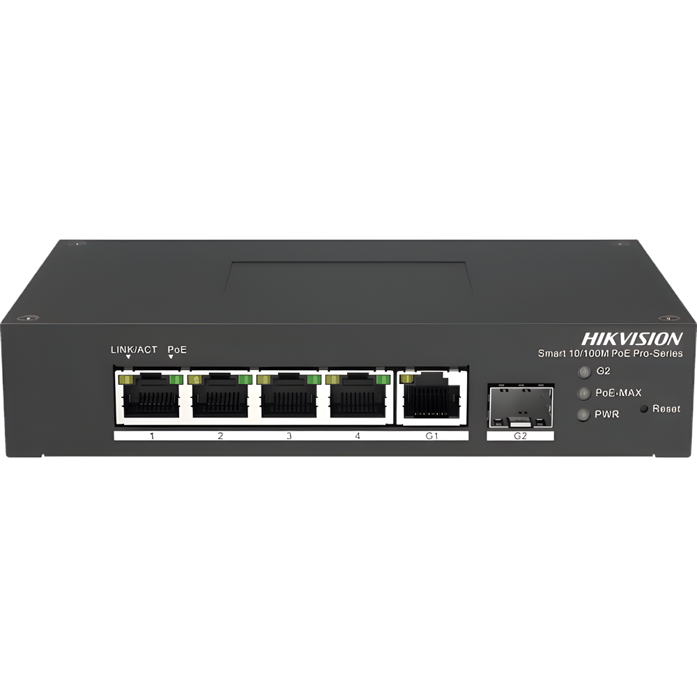 Switch PoE+ Industrial de Escritorio / Administrable / 4 Puertos 10/100 Mbps PoE+ / 1 Puerto 1000 Mbps Uplink / 1 Puertos SFP  /  Configuración Nube Hik-PartnerPro / Modo Extendido hasta 300 Metros / 60 Watts