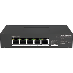 Switch PoE+ Industrial de Escritorio / Administrable / 4 Puertos 10/100 Mbps PoE+ / 1 Puerto 1000 Mbps Uplink / 1 Puertos SFP  /  Configuración Nube Hik-PartnerPro / Modo Extendido hasta 300 Metros / 60 Watts