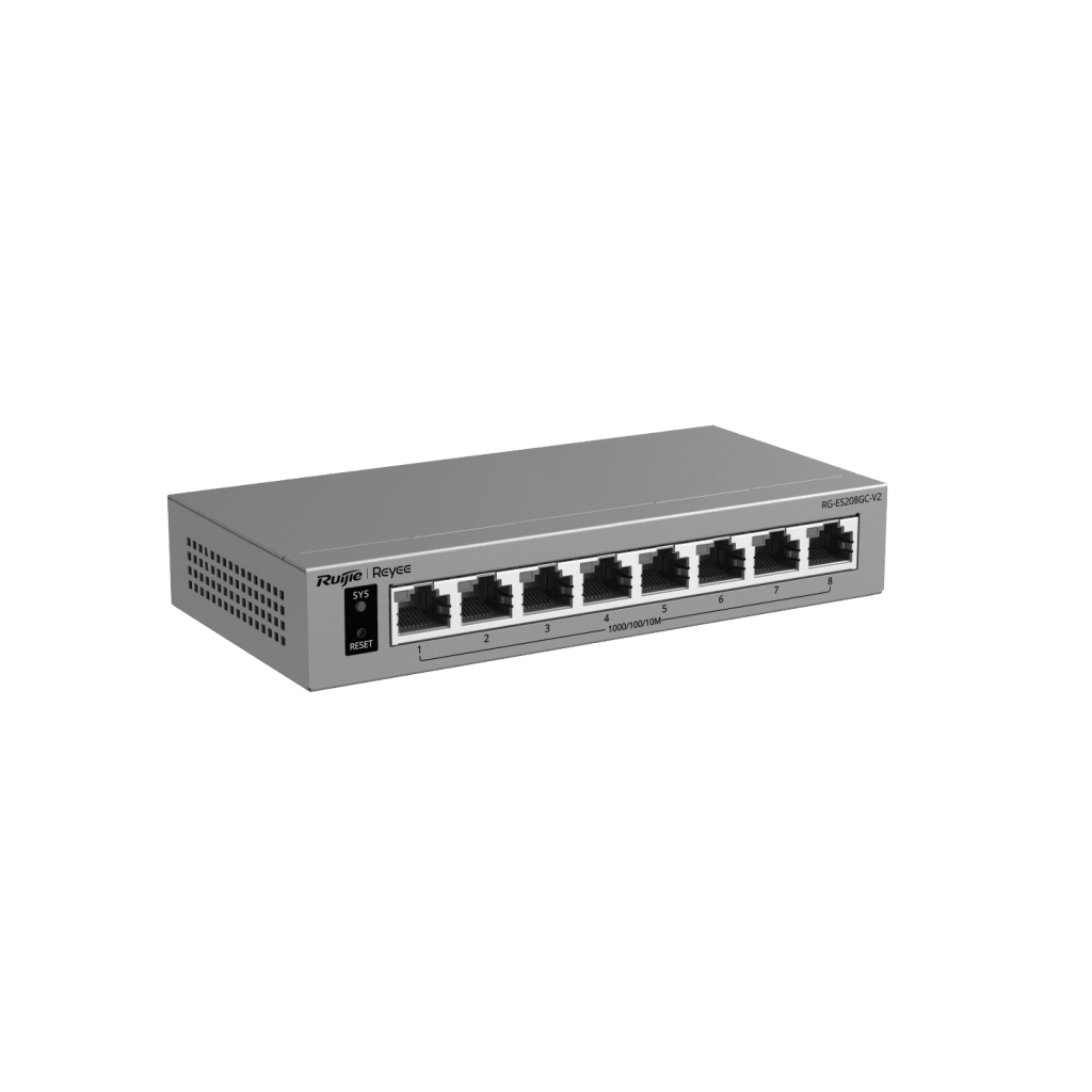 Switch Gigabit Smart Cloud-Managed / 8 Puertos 10/100/1000BASE-T / Capa 2 / Switching 16 Gbps / AI-Powered Failover / Modo CCTV Un-Click / Gestión Cloud Ruijie & App Reyee / Diseño Fanless / Gabinete Metal / Protección Surge 6 kV