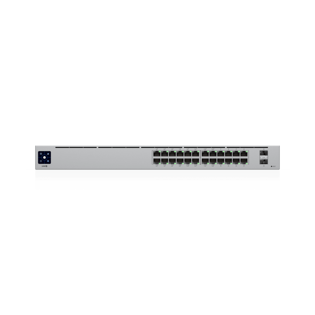 Switch UniFi Capa 2 / 24 Puertos Gigabit / 16 Puertos PoE+ 802.3af/at / 95W Total / 2 Puertos SFP 1G / Pantalla LCM / Sin Ventilador