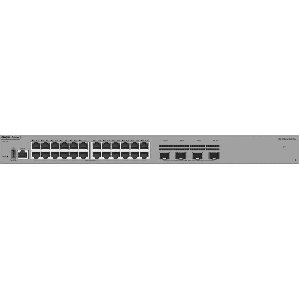Switch Ethernet de Acceso 1000 Mbps / 24 Puertos RJ45 10/100/1000BASE-T / 4 Puertos SFP+ 1GE/2.5GE/10GE / Capacidad 128 Gbps / Enrutamiento Layer 3 / VSU / Diseño Sin Ventilador / 1 RU / Línea Cybrey