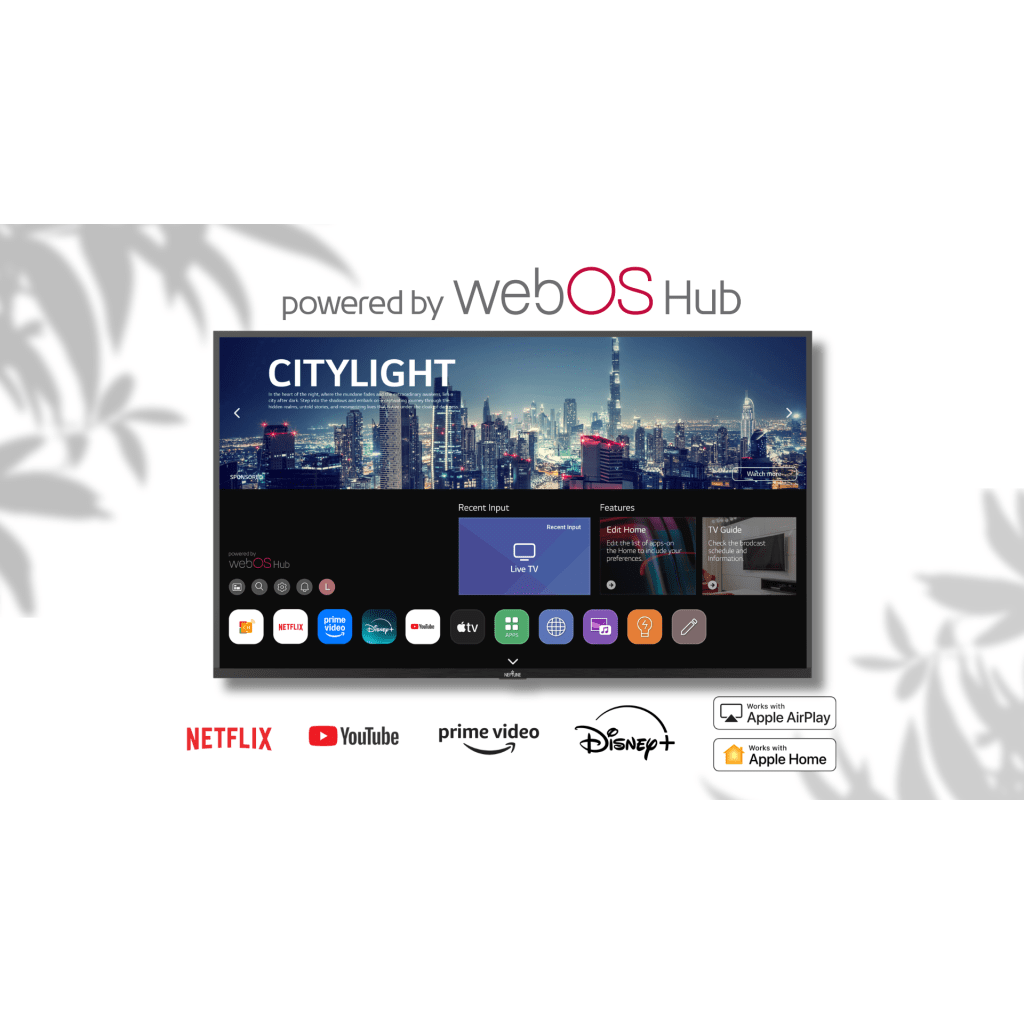 SmartTV para Exteriores Neptune™ 55" 4K UHD / 500 nits Sol Parcial / webOS / IP54 ideal para areas con techado parcial / VESA 300x200 / Incluye Soporte de Pared Inclinado