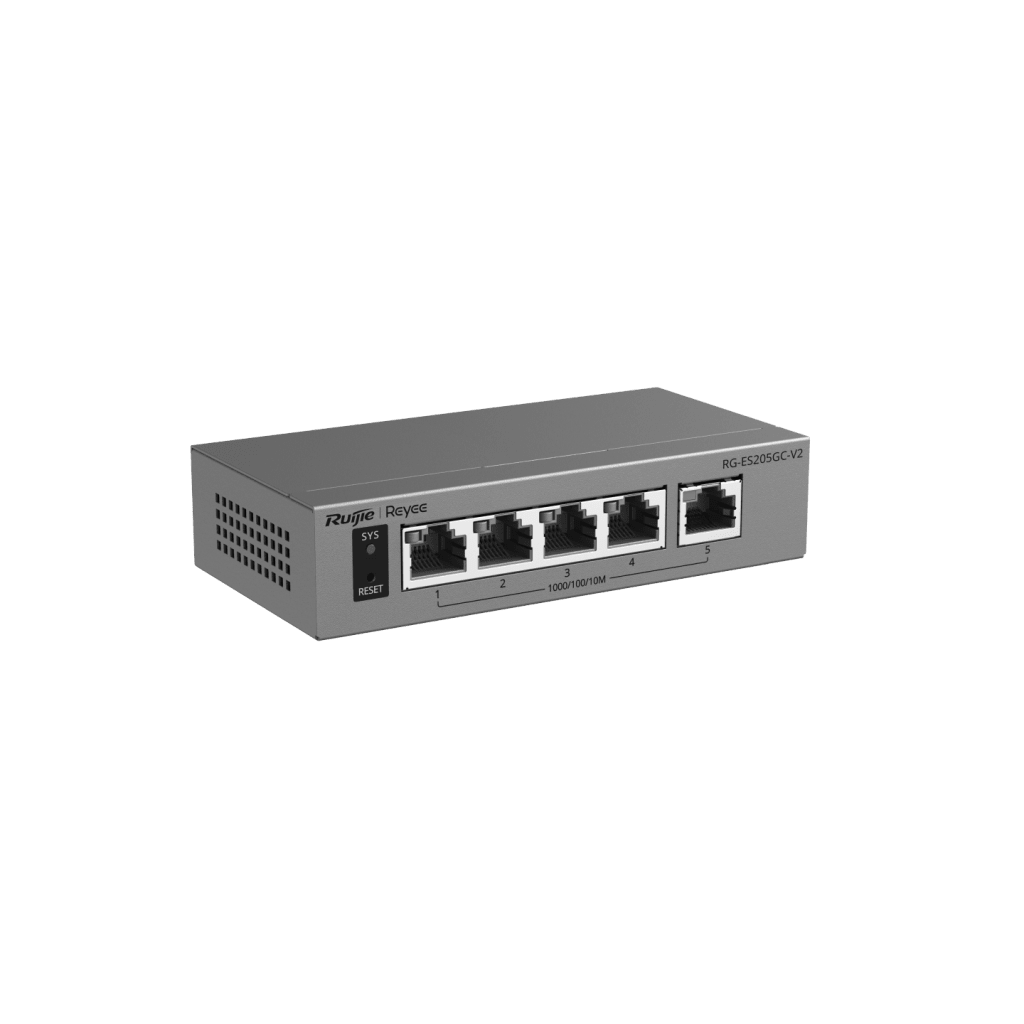 Switch Capa 2 Gestionado en la Nube / 5 Puertos Gigabit / Switching 10 Gbps / Forwarding 7.44 Mpps / Diseño sin Ventilador / Protección 6 kV / Modo CCTV de un Clic / 32 VLANs / Gabinete Metálico / Ruijie Cloud