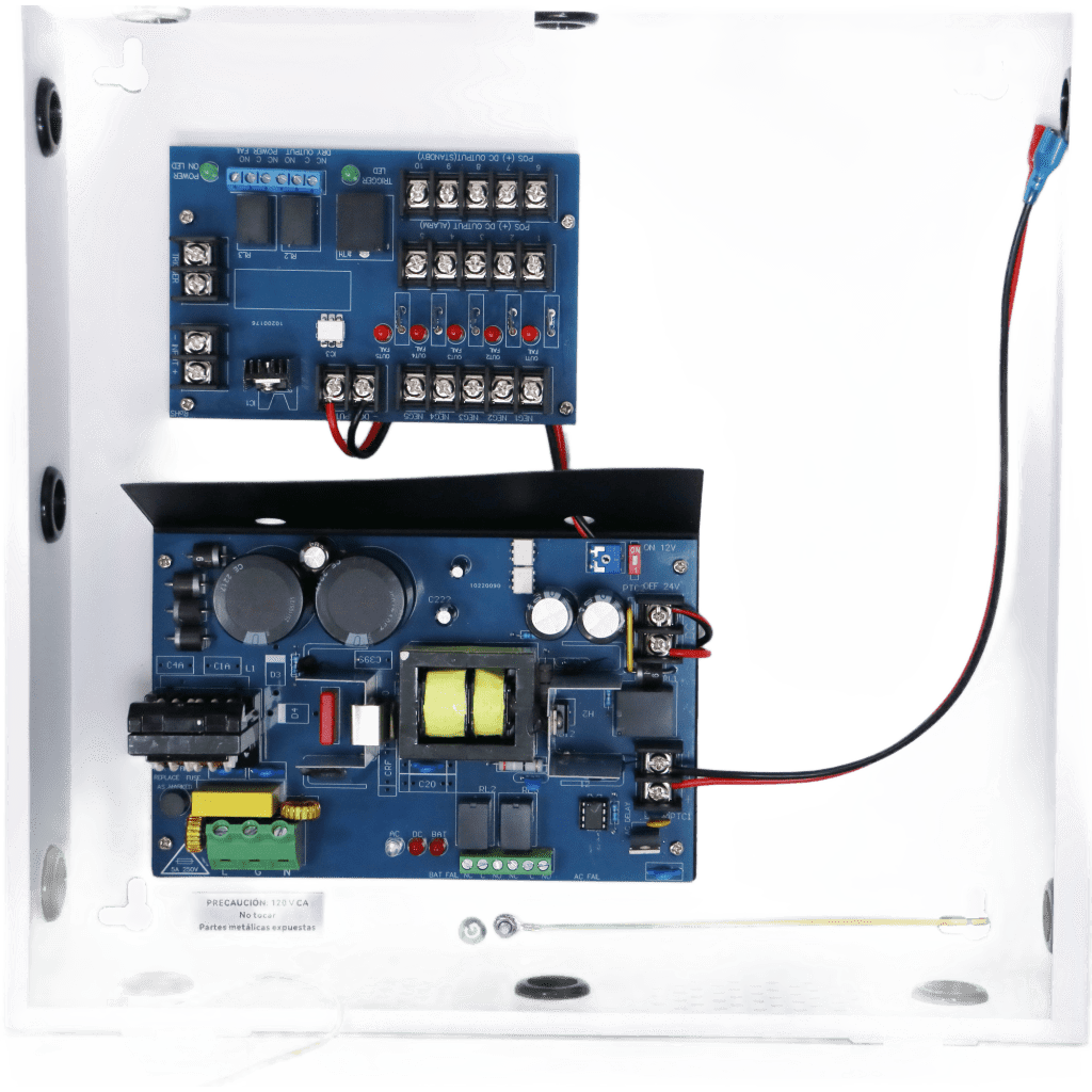 Fuente de Poder con Respaldo para Control de Acceso AL1012FC / 12VDC @ 10A / 8 Salidas Independientes / Conversión 115VAC a 12-24VDC / Batería de Respaldo 40Ah / Interfaz FACP / Supervisión AC y Batería / Montaje en Pared