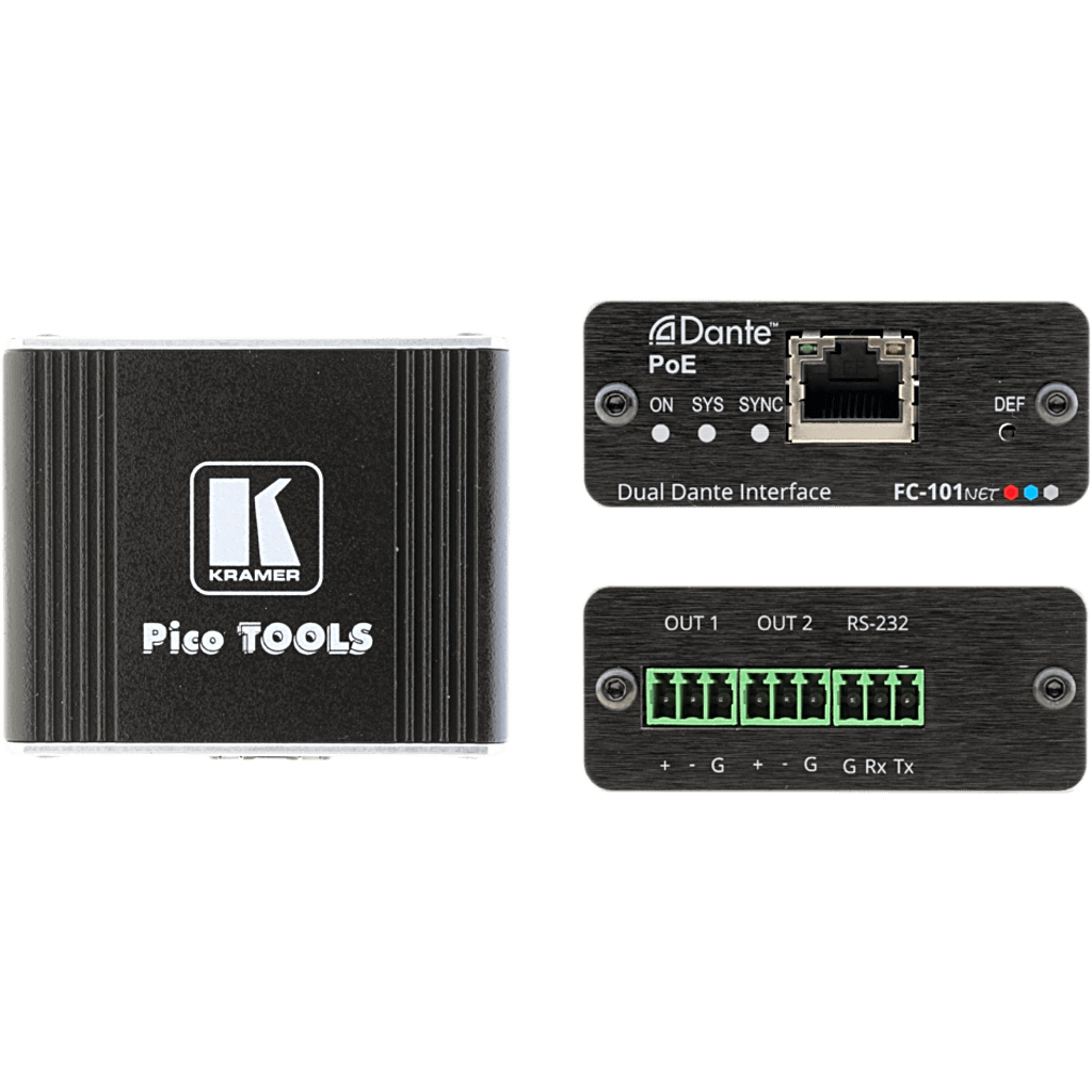 Decodificador Dante | 2 Canales | Salidas Mono Balanceadas | Alimentación PoE | Control de Volumen | Conversión 32 bits | Frecuencia de Muestreo 96 kHz | Kramer Protocol 3000