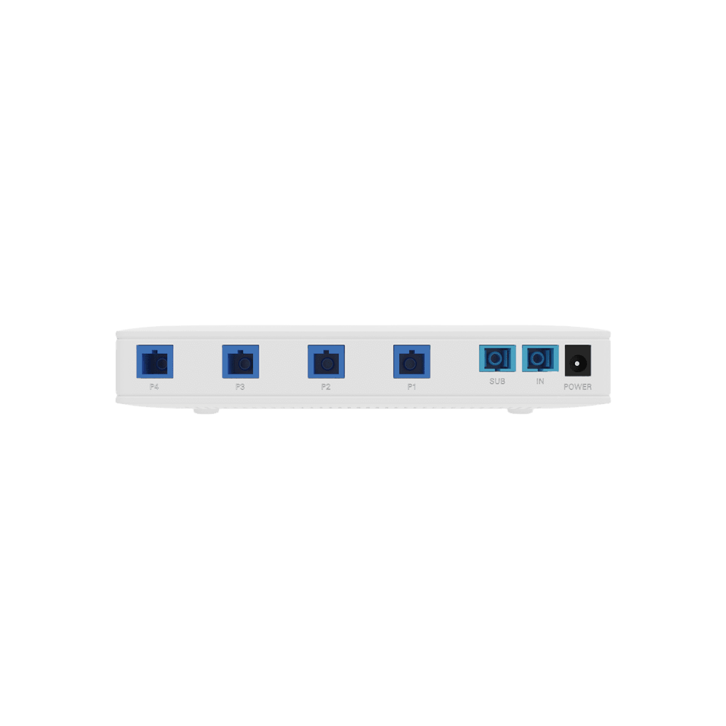 Splitter Activo 1x4 para Alimentación de 4 Dispositivos POF, 1 Puerto de cascadeo para continuidad, puertos SC/UPC