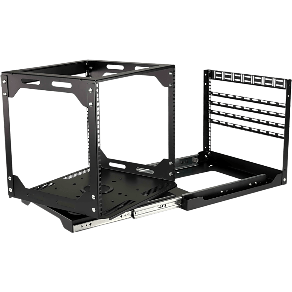 Rack Abierto Deslizante y Giratorio / 12U / Rotación 360° / Carga 68 kg (150 lbs) / Norma EIA/ECA-310-E / Gestión de Cables