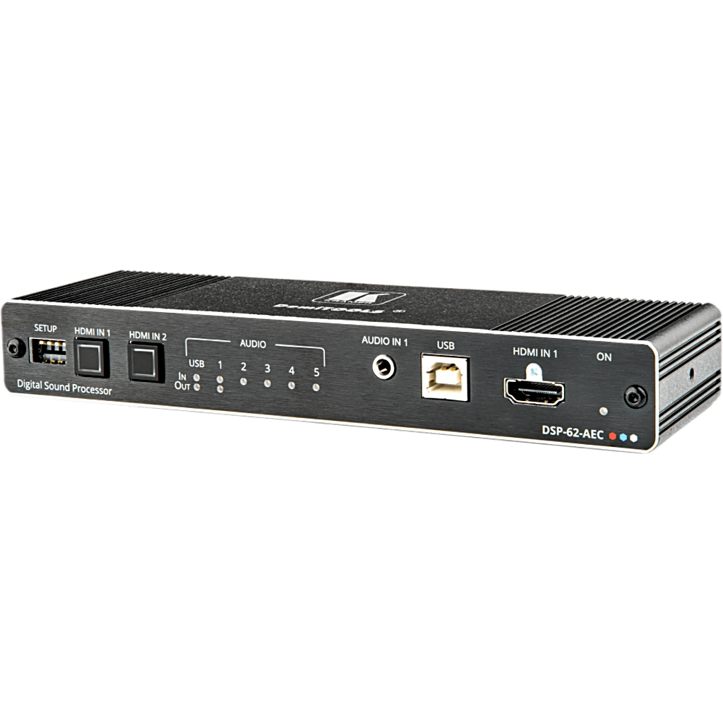 Matriz de Audio DSP 6x2 | DSP Multicanal | Cancelación de Eco Acústico AEC | De-embedding HDMI | Interfaz USB Audio Clase Compatible | 4K@60Hz (4:4:4) | PoE o Adaptador 12V DC | Carcasa DemiTOOLS