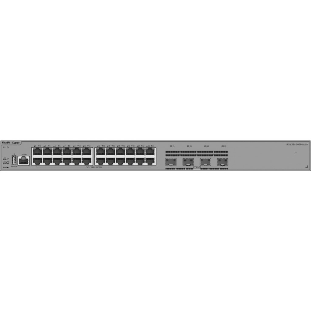 Switch de Acceso Capa 3 / 24 Puertos Gigabit PoE+ / 4 Puertos SFP 2.5GE / 370W PoE / VSU / OSPF / RIP / Protección contra Sobretensiones 10kV / Ventilador Fijo / Línea Cybrey