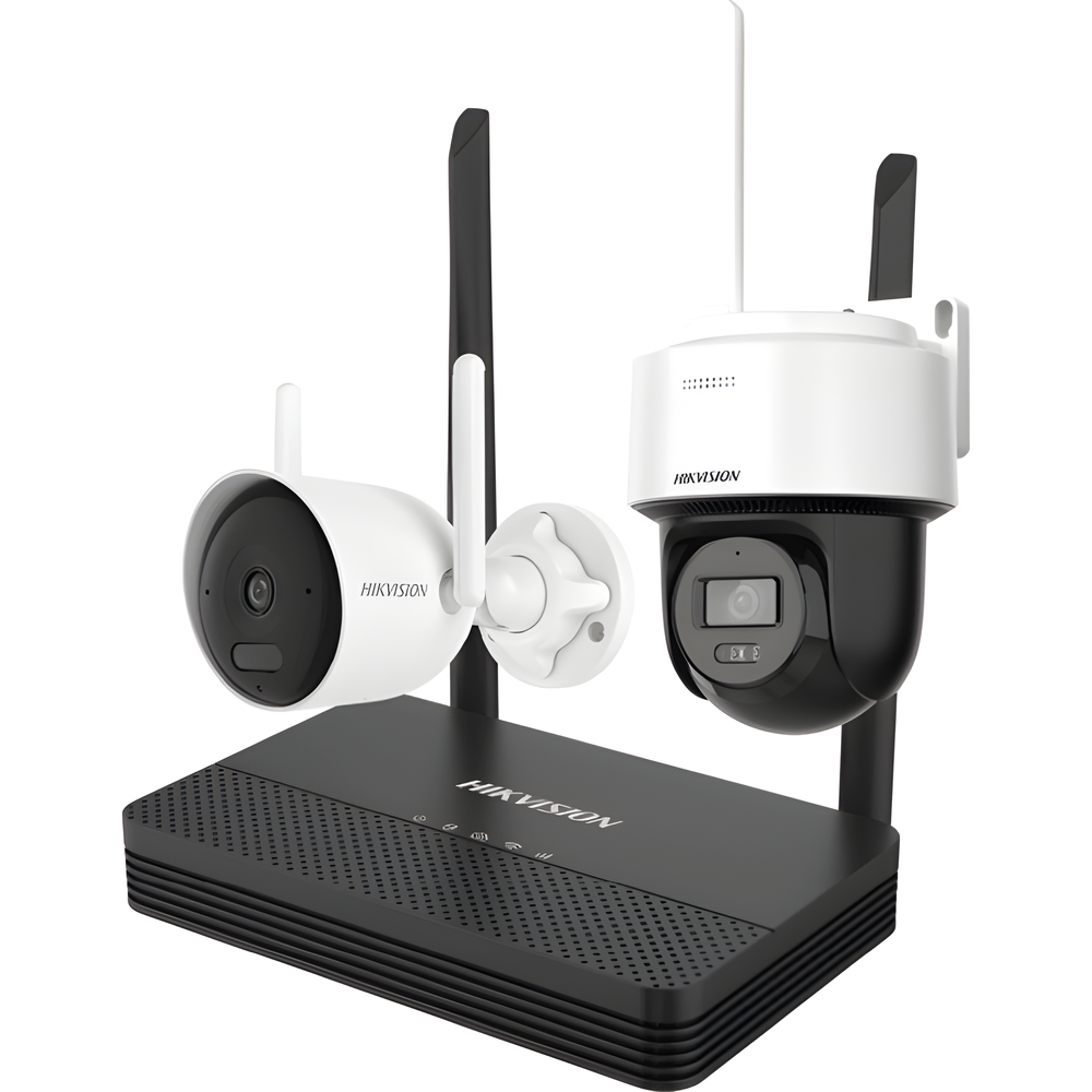 Kit IP Inalámbrico 2 Megapíxel / NVS 4 Canales / 1 Cámara Bala Exterior + 1 Cámara Turret Interior con Lente 2.8 mm y Dual Light / Audio Bidireccional (Micrófono y Bocina) / Soporta Micro SD de 512 GB